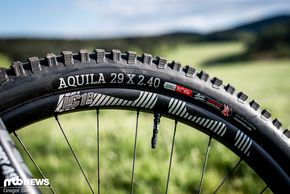 Den Kontakt zum Boden stellen e*thirteen LG1 Race Carbon-Felgen und der von Aaron Gwin entwickelte Onza Aquila-Reifen her.